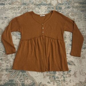 PINKMSTYLE mustard orange V Neck Waffle Long Sleeve Shirt Button Front Size M